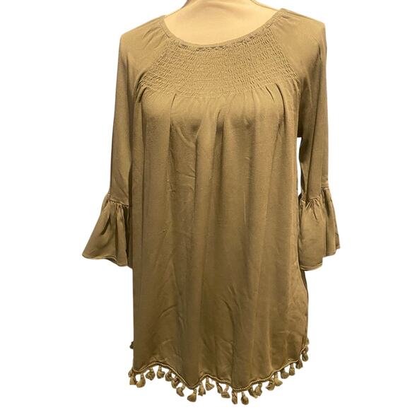 Boho Retro Bell Sleeve Indigo Soul blouse in Olive with Tassels in size Medium - Picture 1 of 4